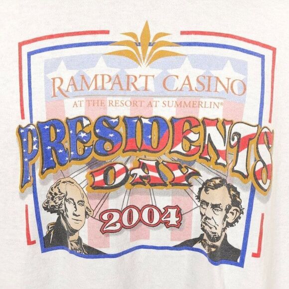 Vintage Presidents Day T Shirt Mens Size Large White Y2K Rampart Casino 2004 - Picture 2 of 6